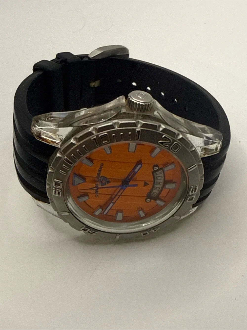 Swiss Legend men's sport watch featuring a vibrant orange dial New Battery!